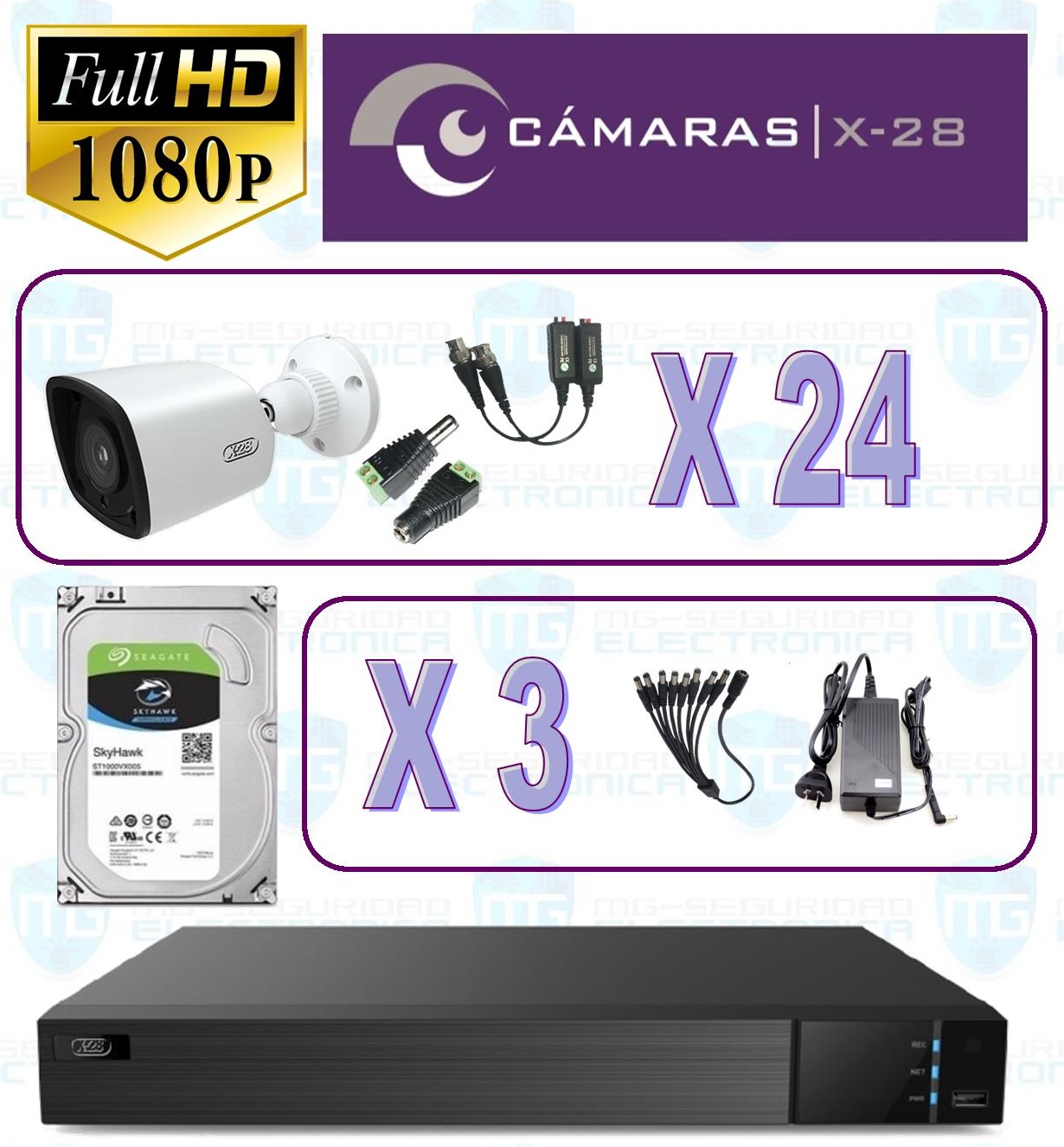 DVR, Disco 6TB, 24 Cámaras Bullet, Fuentes, Balunes y conectores.